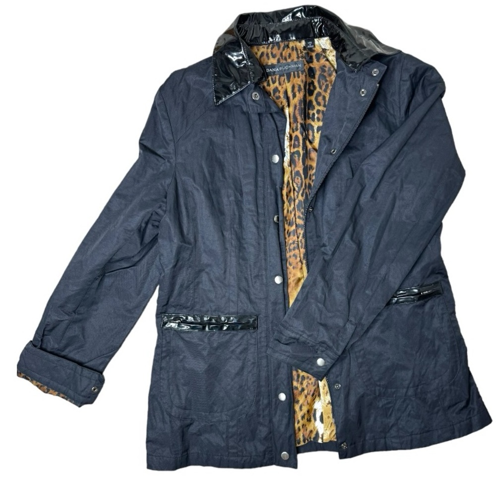 Dana Buchman Women's Large Black Trench Coat Leopard Print Lined